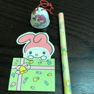 Sanrio My Melody 1976 3 items Christmas bell, mini card and pencil